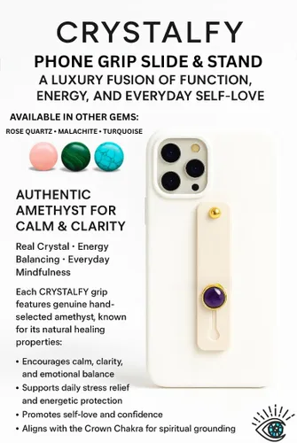 Vista 7 de Crystal Phone Grip and Phone Strap with Real Amethyst Genuine Gemstone and White Strap for Smartphones and Tablets