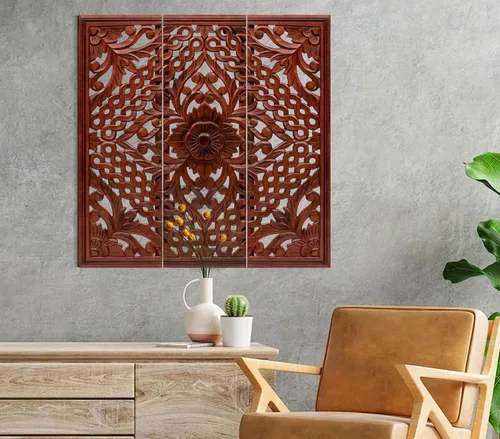 Vista 2 de Light & Pro Arte de pared marroquí-chino, juego de 3 paneles florales hechos a mano de 36 x 12 pulgadas para sala de estar, dormitorio y pasillo