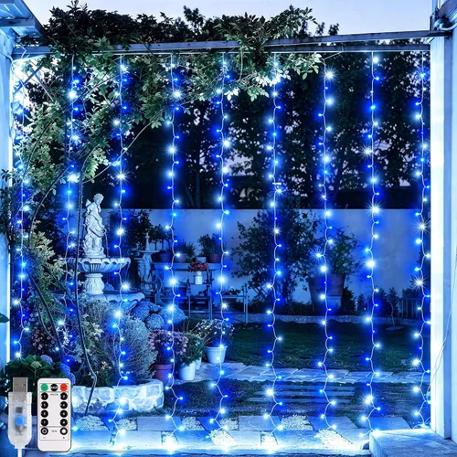 Vista 8 de JMEXSUSS 200 luces LED de cortina rojas, blancas y azules, 6.5 pies x 6.5 pies, 4 de julio, luces USB enchufables, 8 modos patrióticos de cortina
