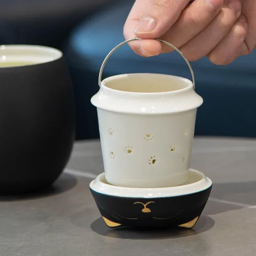 Vista 7 de HEER Taza de té para gatos con infusor y tapa, taza de té de cerámica de 13.5 onzas, regalo para amantes de los gatos para amigos y familia (negro)