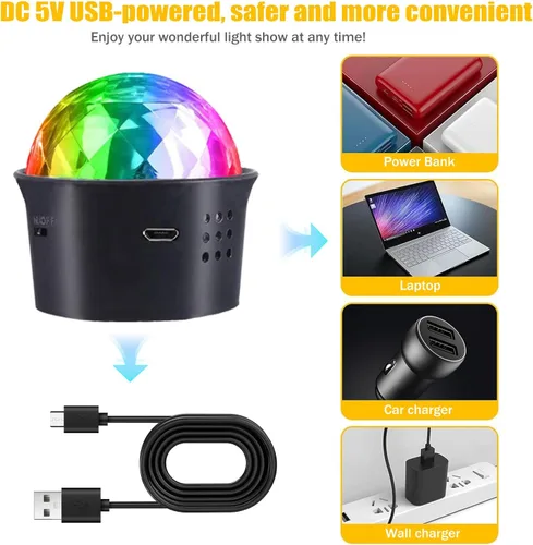 Vista 4 de Paquete de 2 mini luces de bola de discoteca activadas por sonido, luces de fiesta de discoteca multicolor, batería recargable por USB, luces