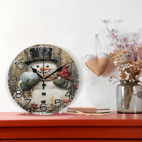 Vista 2 de ALAZA Snowman Cardinal Wood Wall Clock Battery Operated Non Ticking Silent Quartz Analog Rustic Farmhouse Round Clock Retro Decor for Home Kitchen