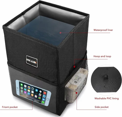 Vista 3 de Beicarin Papelera para coche con tapa, bolsa de basura para colgar con bolsillos de almacenamiento, plegable y portátil, organizador de auto a