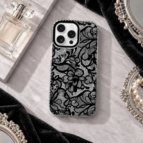Vista 2 de NITITOP Funda para iPhone 13 Pro con flores de encaje transparente - Negro