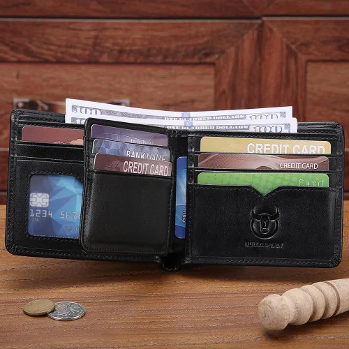 Vista 71 de LUKZIJAES Billetera de cuero genuino para hombre, con bloqueo RFID, delgada, plegable, bolsillo frontal, #3-Café, Vintage