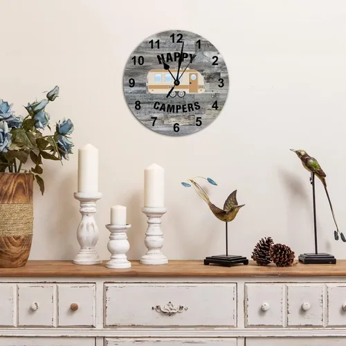 Vista 3 de Reloj de pared de madera redondo rústico elegante de 12 x 12 pulgadas, con números arábigos, silencioso, sin tictac, funciona con pilas, tema