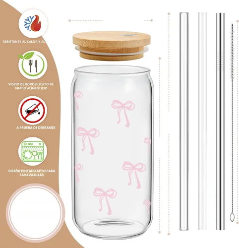 Vista 2 de BIPEDS Coquette Tazas de vidrio lindas con moño rosa y tapas y pajitas, taza de café helado estética, taza de diseño preppy femenino, regalos