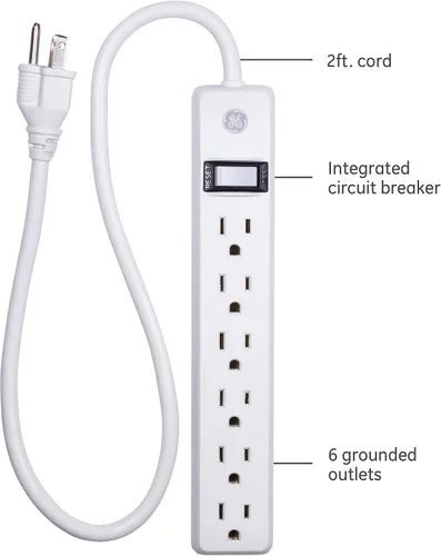 Vista 2 de GE Paquete de 2 regletas de alimentación de 6 tomas, cable de extensión de 2 pies, interruptor de encendido/apagado, disyuntor integrado