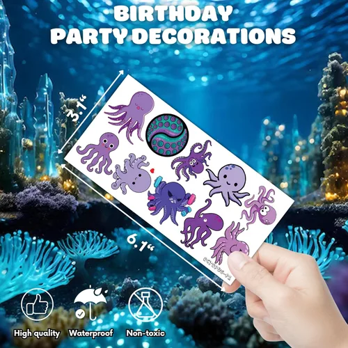 Vista 6 de 100 piezas temáticas de pulpo, regalos de fiesta de cumpleaños, suministros de decoración, pulpo, océano bajo el mar, animales, tatuajes temporales