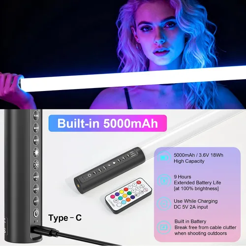 Vista 3 de LUXCEO Paquete de 2 barras de luz de tubo RGB (2.8 pies) con soporte, varilla de luz LED de video alimentada por batería para DJ y fotografía