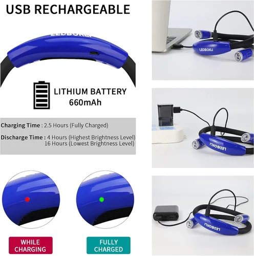 Vista 4 de LEDBOLIK - Luz de lectura para el cuello, 660 mAh recargable, luz de libro para leer en la cama, 6 de brillo, brazos flexibles, manos libres