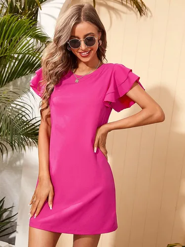 Vista 3 de WDIRARA Vestido de verano con cuello redondo y mangas casquillo con volantes en capas para mujer
