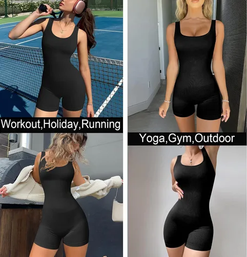 Vista 4 de TWFRHC - Conjuntos de entrenamiento para mujer con tirantes acanalados, 2 piezas, sin costuras, cintura alta, para gimnasio, pantalones cortos