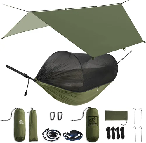 Vista 11 de Miztli Hamaca de camping – Hamaca portátil con amplia red y correas de árbol con bucles ajustables, hamaca doble e individual para exteriores