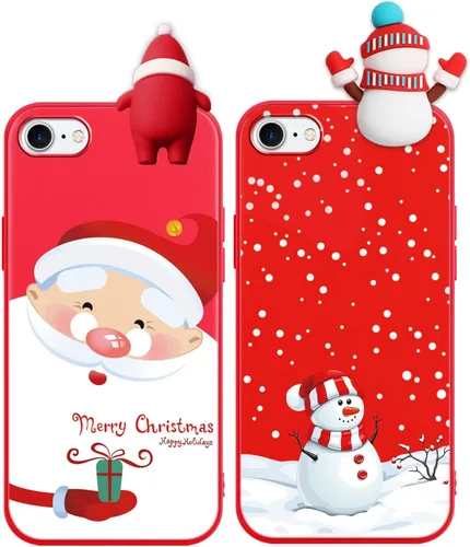 Vista 30 de Pack de 2 Fundas Lindas de Navidad para iPhone 7/8 / SE 2020/2022 4.7", Oso Rojo, Alce, Muñeca 3D, Muñeco de Nieve, Patrón Feliz Navidad, Silicona
