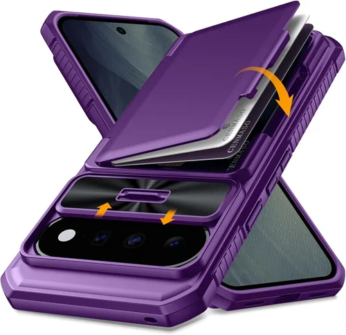 Vista 16 de CENMASO - Funda para Google Pixel 9 Pro XL con tarjetero (4 tarjetas), funda deslizante para cámara y función atril, bloqueo RFID, protección