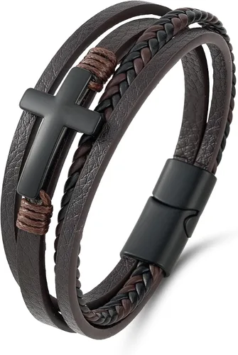 Vista 13 de Pulsera cruzada de cuero Mrcaois para hombre, trenzada de múltiples capas con cierre de acero inoxidable - Regalos cristianos religiosos para él