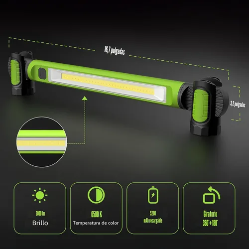 Vista 5 de Paquete de 2 luces de trabajo mecánicas, barra LED recargable de 3000 lm, portátil, magnético, ganchos, linterna SOS Verde 2