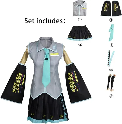 Vista 6 de Disfraz de anime para mujer, disfraz de Halloween, cosplay, conjunto completo de uniformes con pelucas, cola de caballo trenzada