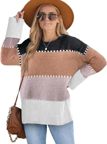 Vista 3 de XIEERDUO Suéteres de gran tamaño para mujer, cuello redondo, manga larga, tejido mullido, suéter cálido