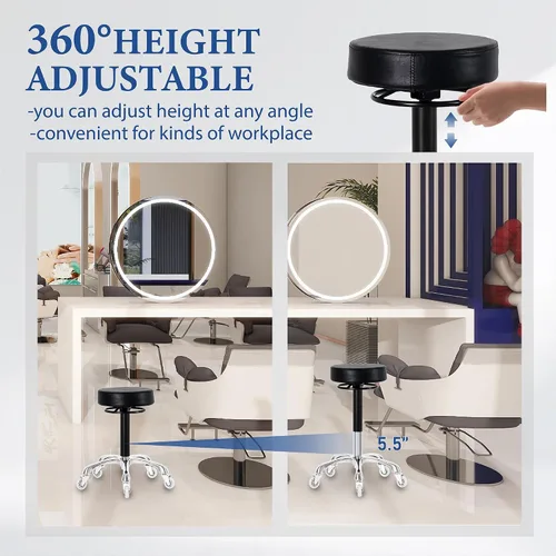 Vista 3 de Silla redonda giratoria con ruedas, acolchado grueso y resistente, taburete ajustable con ruedas para médico (negro)