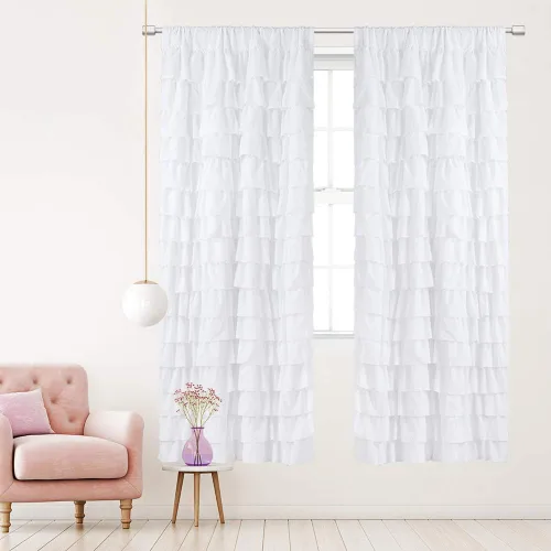 Vista 18 de Cortinas negras con volantes, 2 paneles, paneles de ventana con volantes de 12 capas, cortinas de estilo rústico para dormitorio, baño, bolsillo