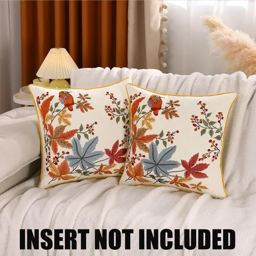 Vista 3 de Juego de 2 fundas de almohada bordadas de otoño de 16 x 16 pulgadas, diseño de pájaros vintage Hojas de arce, tela duradera, decoración bohemia