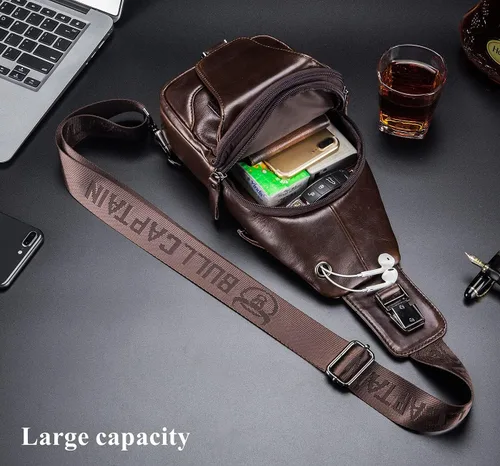 Vista 6 de BULLCAPTAIN Mochila bandolera de cuero genuino para hombre, multibolsillo, bandolera, bolsas de pecho, viajes, senderismo, mochila, Marrón