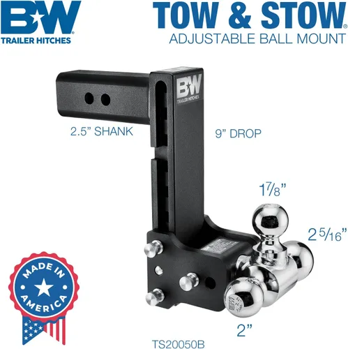Vista 2 de B&W Trailer Hitches Soporte de bola de enganche de remolque ajustable para remolque de remolque - Se adapta a receptor de 2.5 pulgadas, Tri-Ball
