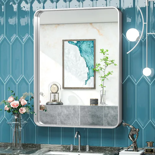 Vista 74 de TokeShimi Espejo de pared de baño de níquel cepillado de 20 x 30 pulgadas, marco de metal, esquina redonda, rectangular, para decoración del hogar