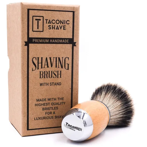 Vista 2 de Taconic Shave 's Extra denso 100% 3 bandas Silvertip Badger Cepillo de afeitar de lujo – Madera de haya y mango cromado – Soporte de afeitar incluido