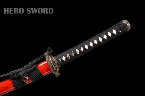 Vista 9 de Espada katana templada de arcilla Sanmai de acero plegado, navaja real, afilada, espiga completa, auténtica, samurái, armas japonesas, rojo
