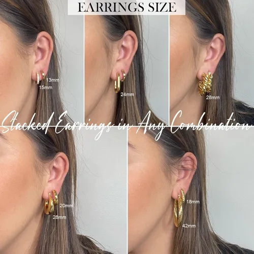 Vista 3 de 9 pares de aretes de aro de oro para mujer, chapados en oro de 14 quilates, ligeros, gruesos, trenzados, para regalo, Latón, No es una piedra