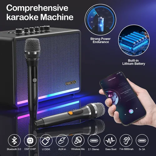 Vista 3 de Altavoz Bluetooth portátil con 2 micrófonos inalámbricos, gabinete de madera de abedul de graves profundos de 70 W, sistema PA Bluetooth para Negro