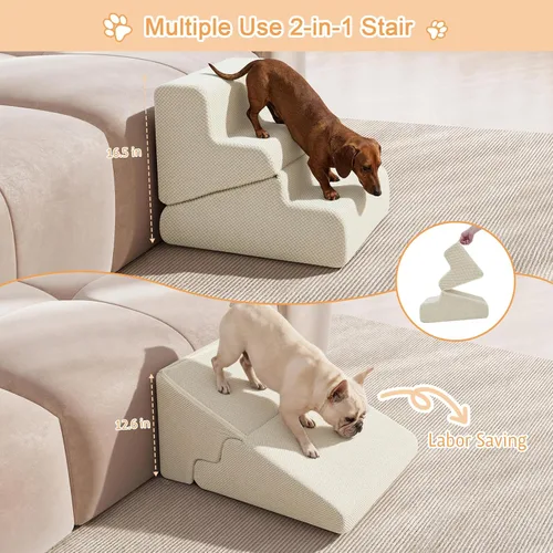 Vista 3 de Rampa para perros para cama, escaleras extra anchas de 20 Beige
