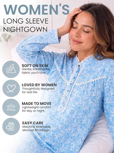 Vista 2 de Casual Nights Camisón de franela con flores de manga larga para mujer Azul