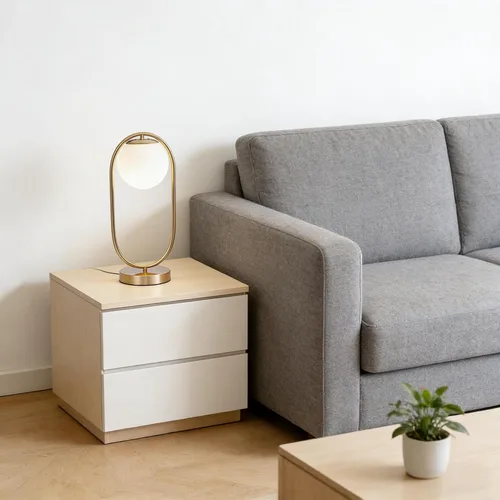 Vista 6 de Lámpara de mesa moderna de mediados de siglo con pantalla de vidrio blanco, lámpara de mesa pequeña dorada para mesita de noche, dormitorio, sala