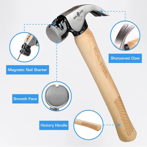 Vista 2 de REAL STEEL Martillo de garra curvada de cabeza magnética de 16 onzas con mango de madera de nogal garra con cara lisa 0401
