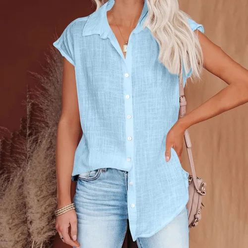 Vista 56 de Ceboyel Camisas para mujer de moda de verano, algodón, lino, manga corta, cuello con botones, blusa casual para mujer 2023