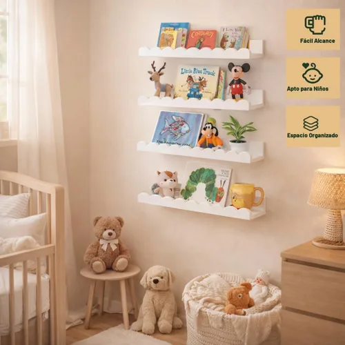 Vista 3 de Estantes festoneados, juego de 4 estantes flotantes blancos premontados de 15.6 pulgadas, estante festoneado para libros para habitaciones de niños