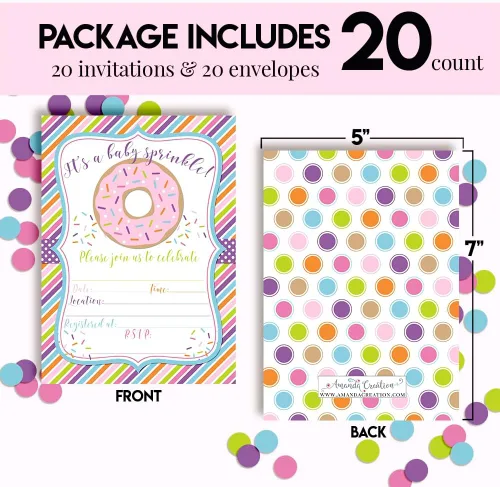 Vista 4 de Amanda Creation Donut Baby Sprinkle Invitaciones, paquete de 20 invitaciones de espolvoreo de bebé de 5 x 7, tarjetas de relleno de doble cara