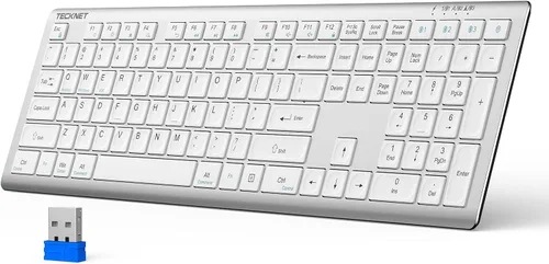 Vista 9 de TECKNET Teclado Bluetooth recargable, conmutación libre de 4 dispositivos (2.4G+BT), teclado inalámbrico ultradelgado de tamaño completo, escritura