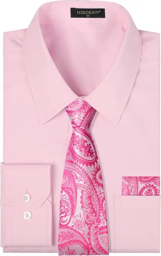 Vista 55 de HISDERN Mens Dress Shirt with Tie Pocket Square Set Classic Button Down Shirt Matching Tie Long Sleeve Shirts 08-verde
