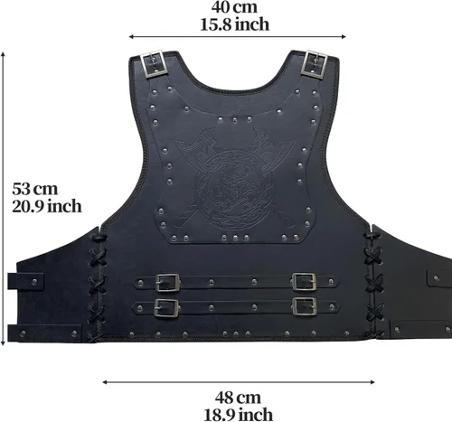 Vista 6 de HiiFeuer Viking Warrior - Armadura de pecho de piel sintética, armadura de cuero retro de caballero, armadura medieval para LARPCosplay (negro hacha)