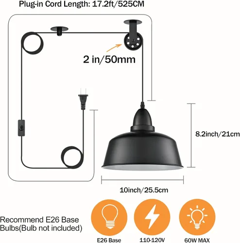 Vista 5 de Farmhouse - Lámpara colgante industrial enchufable, polea negra Hanging Light with Plug in Cord, Pulley Hanging Lamp, For Kitchen Island Bedroom