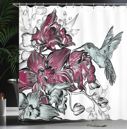 Vista 3 de Ambesonne Cortina de ducha de colibrí, ramo de flores de orquídea y un colibrí, impresión de diseño de naturaleza silvestre, juego de decoración