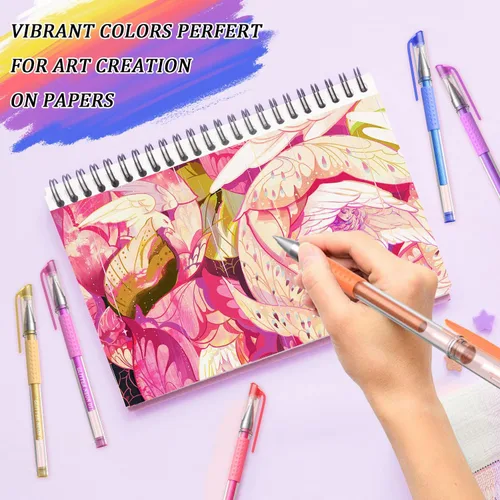 Vista 4 de Bolígrafos de gel con purpurina para libros de colorear para adultos, paquete de 96 bolígrafos de gel para artistas, 48 colores con un 50% más