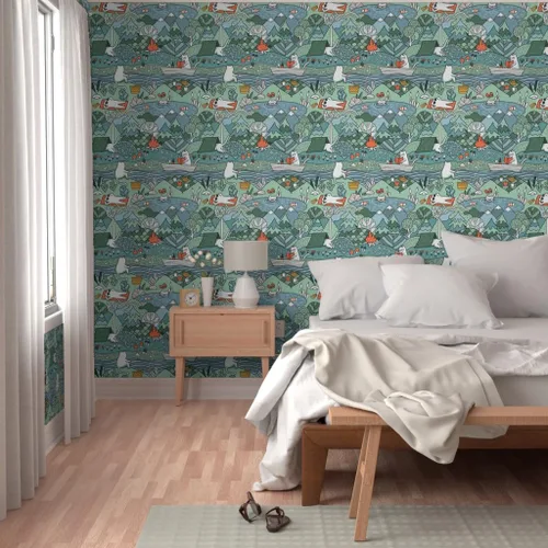 Vista 5 de Papel tapiz para despegar y pegar – Day Lake restaura la naturaleza, animales, gatos, picnic de verano, gatos, papel tapiz extraíble personalizado