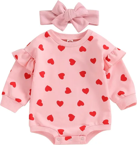 Vista 105 de SOLILOQUY Traje de manga larga con cuello redondo para el primer día de San Valentín para bebé niño y niña, mameluco de corazón de amor