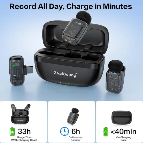 Vista 6 de ZealSound Micrófono TikTok, micrófono inalámbrico Lavalier para iPhone, iPad, Android (USB-C/Lightning), mini micrófono con funda de carga
